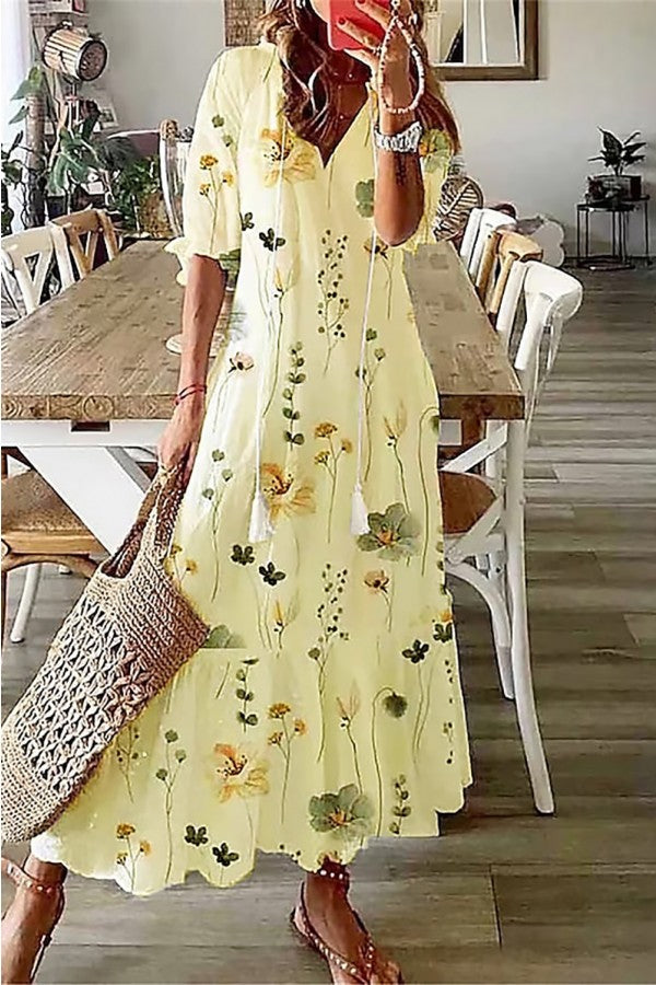 June | Cotton Floral Tassel V Neck Elbow Sleeve Maxi Dress