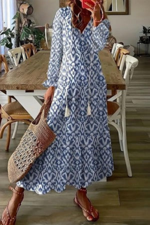 June | Cotton Floral Tassel V Neck Elbow Sleeve Maxi Dress