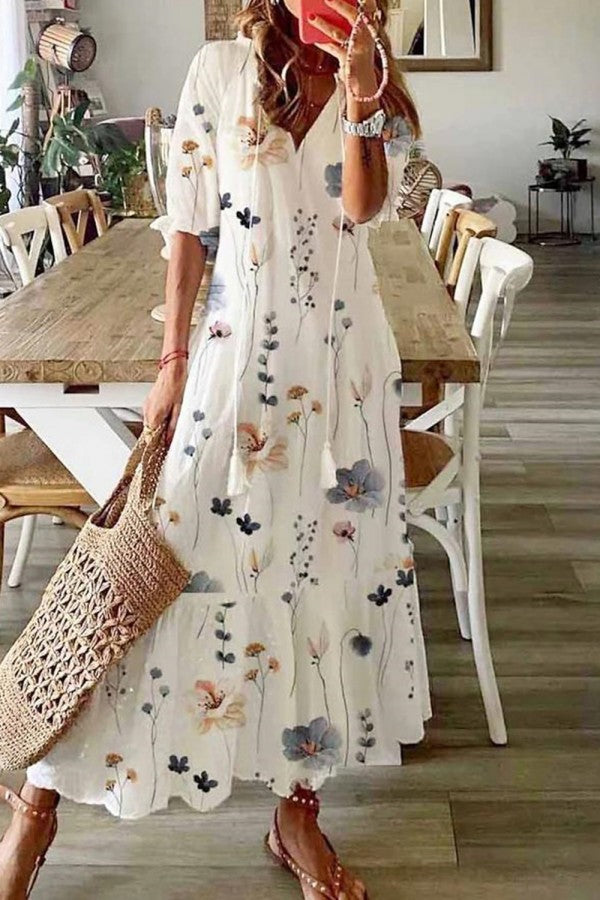 June | Cotton Floral Tassel V Neck Elbow Sleeve Maxi Dress