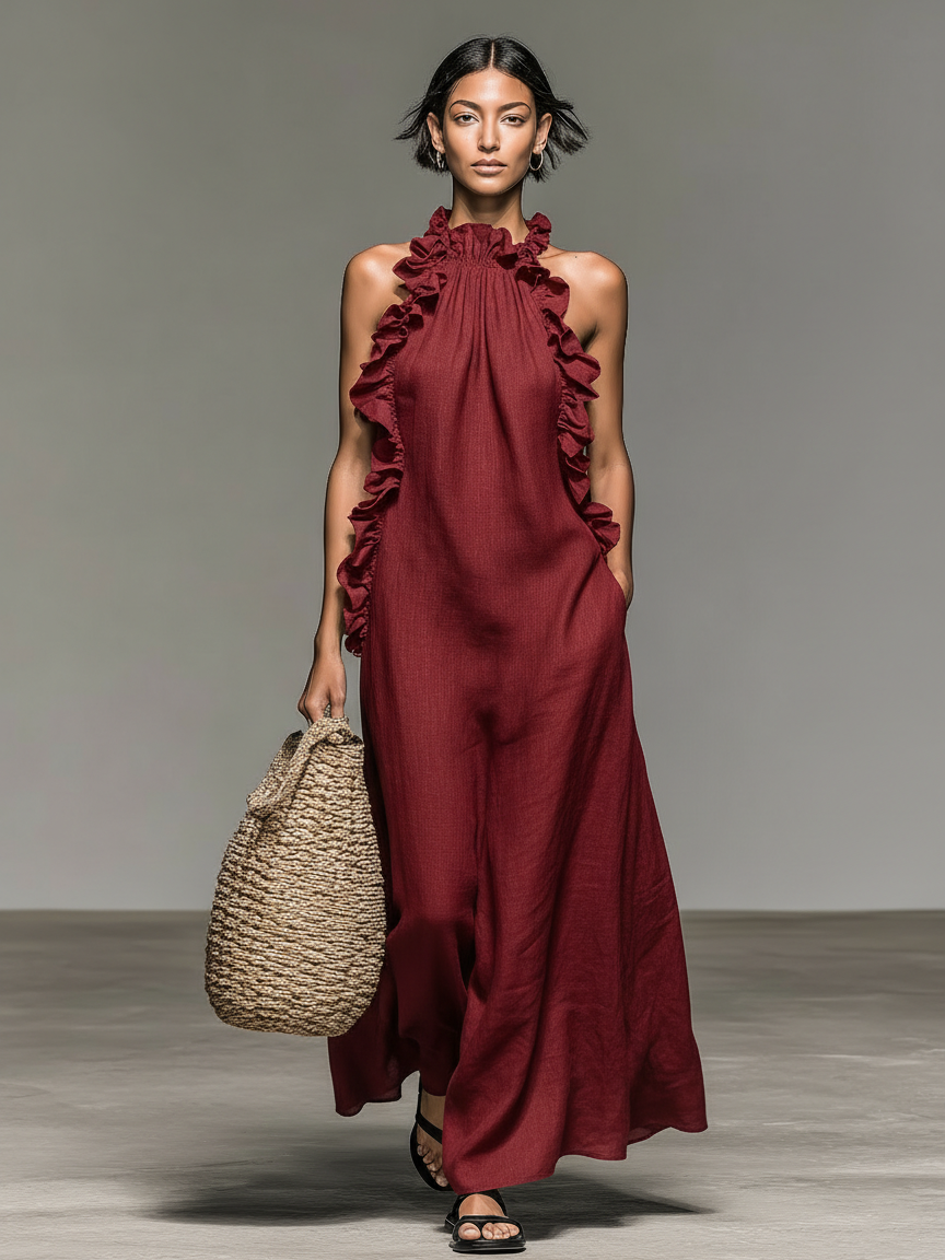 Jasmine | Linen Ruffle Halter Neck Sleeveless Maxi Dress for Women