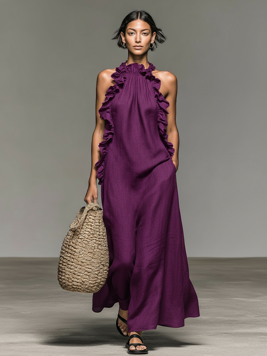 Jasmine | Linen Ruffle Halter Neck Sleeveless Maxi Dress for Women