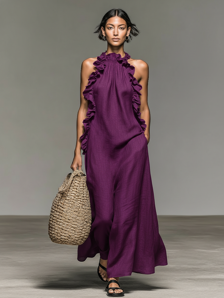 Jasmine | Linen Ruffle Halter Neck Sleeveless Maxi Dress for Women