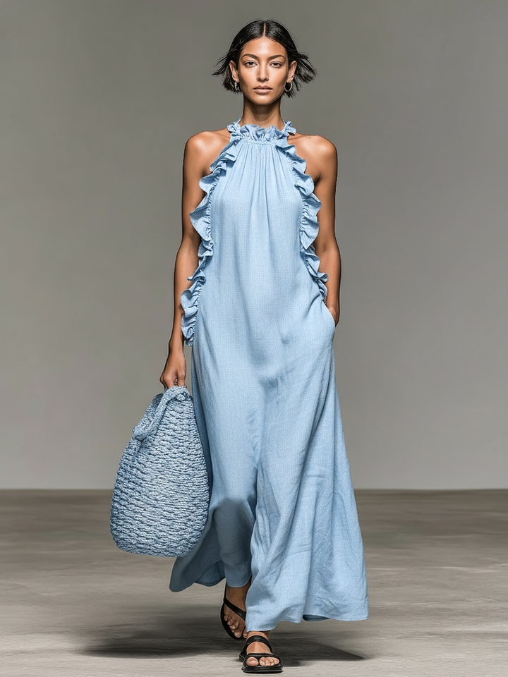 Jasmine | Linen Ruffle Halter Neck Sleeveless Maxi Dress for Women