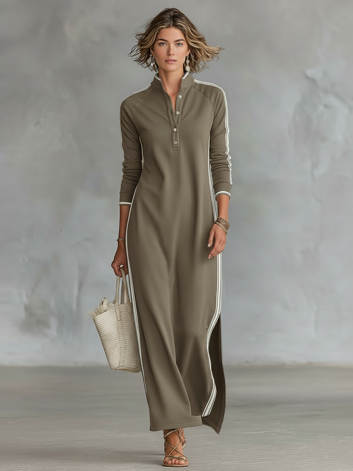 Riley | Sporty Stripe Trim Shirt Dress for Women with Stand Collar Maxi Style