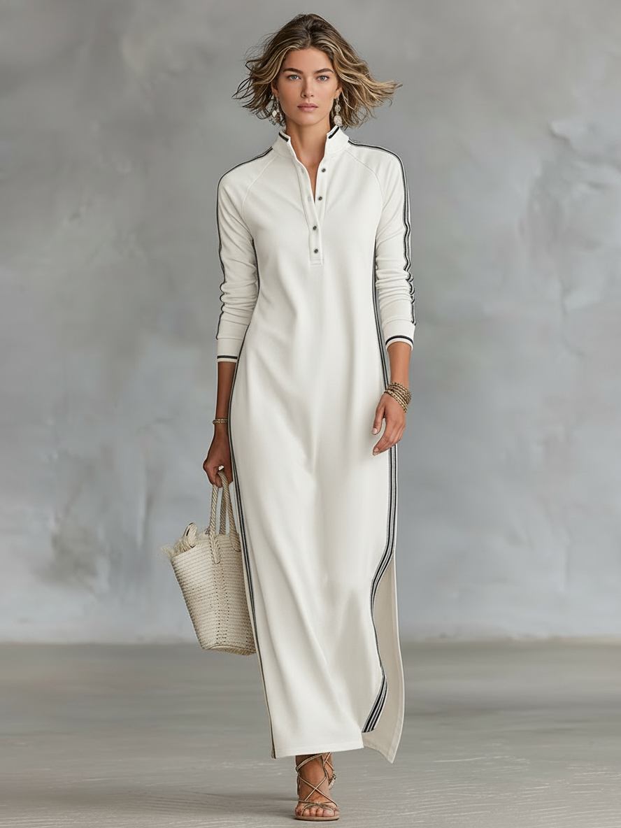 Riley | Sporty Stripe Trim Shirt Dress for Women with Stand Collar Maxi Style