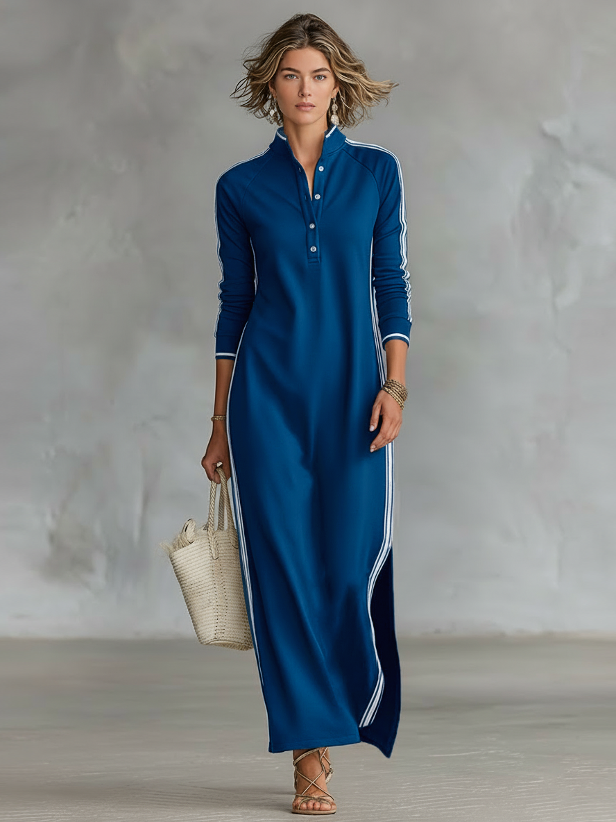 Riley | Sporty Stripe Trim Shirt Dress for Women with Stand Collar Maxi Style