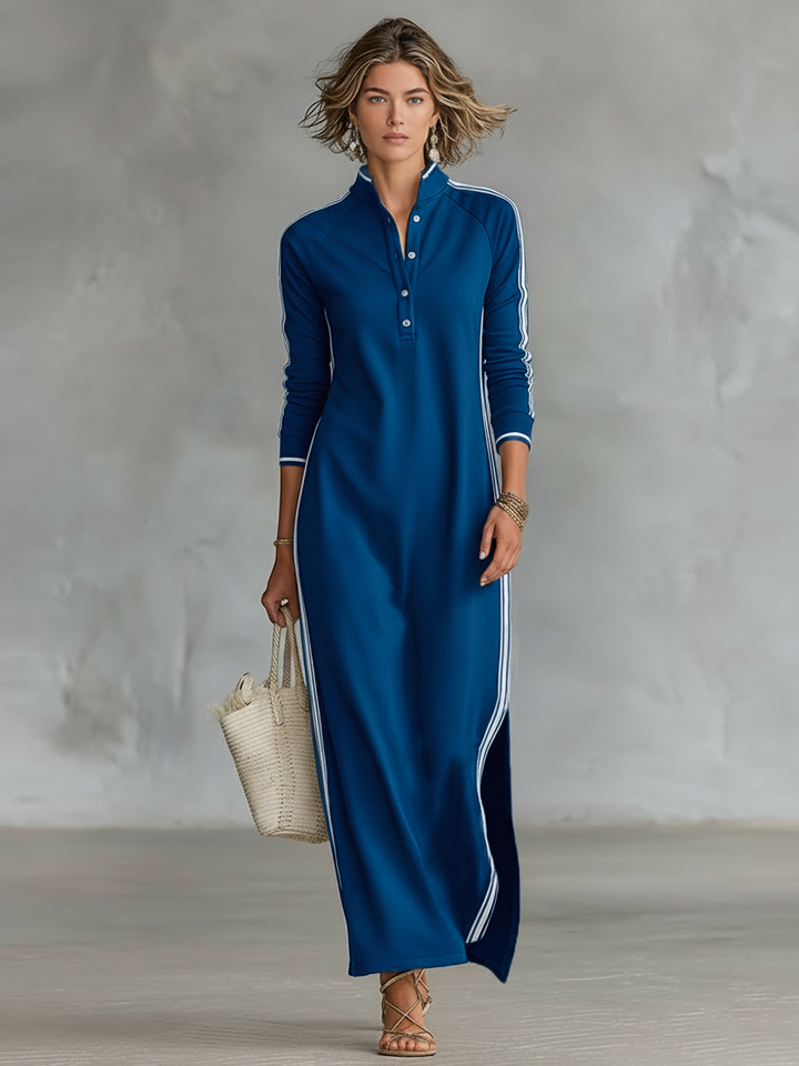 Riley | Sporty Stripe Trim Shirt Dress for Women with Stand Collar Maxi Style
