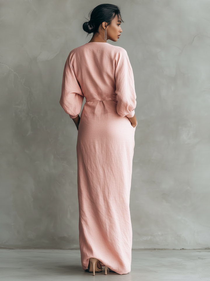 Victoria | Linen Wrap V Neck Twist Waist Midi Dress for Women
