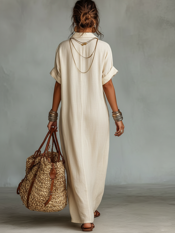 June | Beige Linen Embroidered V Neck Shirt Maxi Dress