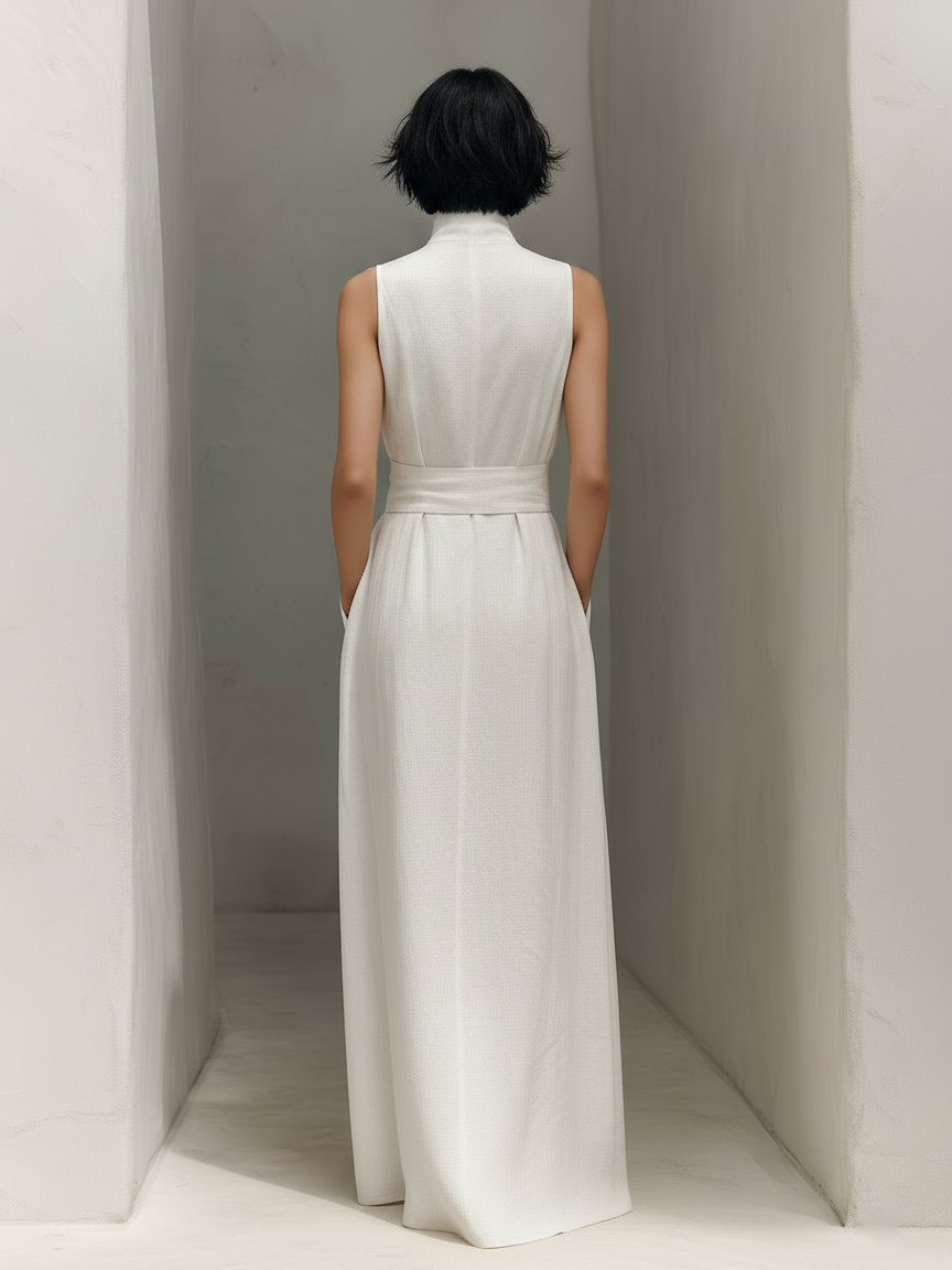 Eleanor | White Linen V Neck Tie Waist Sleeveless Maxi Dress for Women