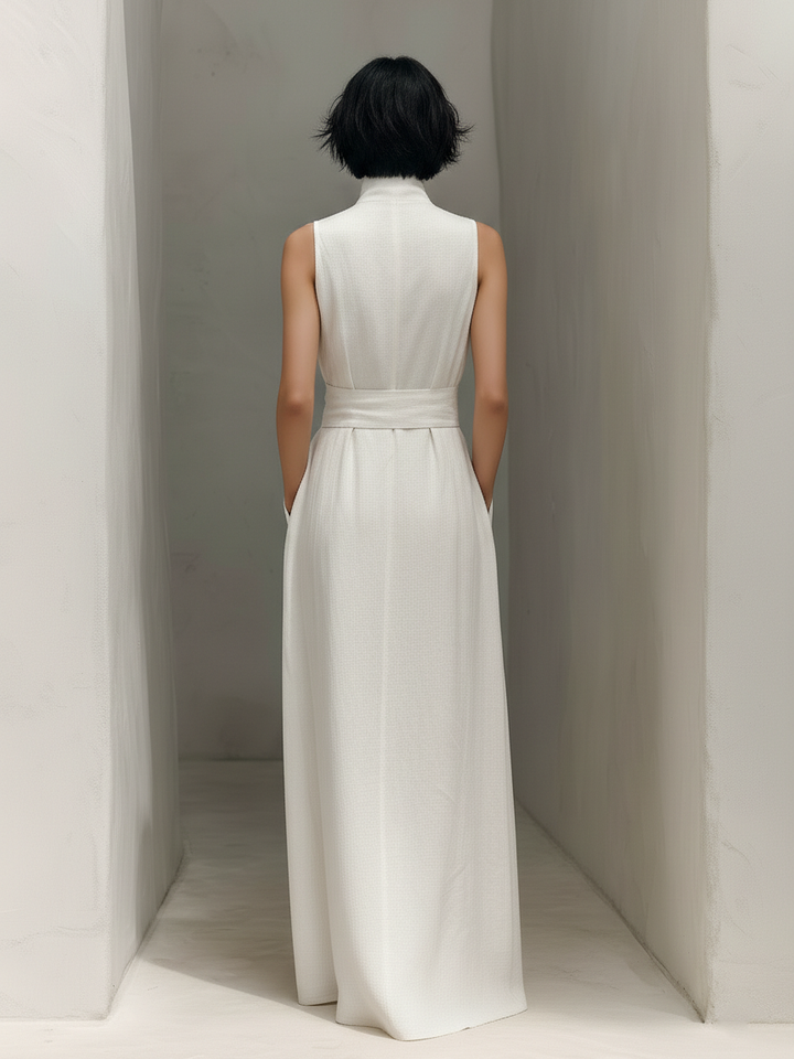 Eleanor | White Linen V Neck Tie Waist Sleeveless Maxi Dress for Women