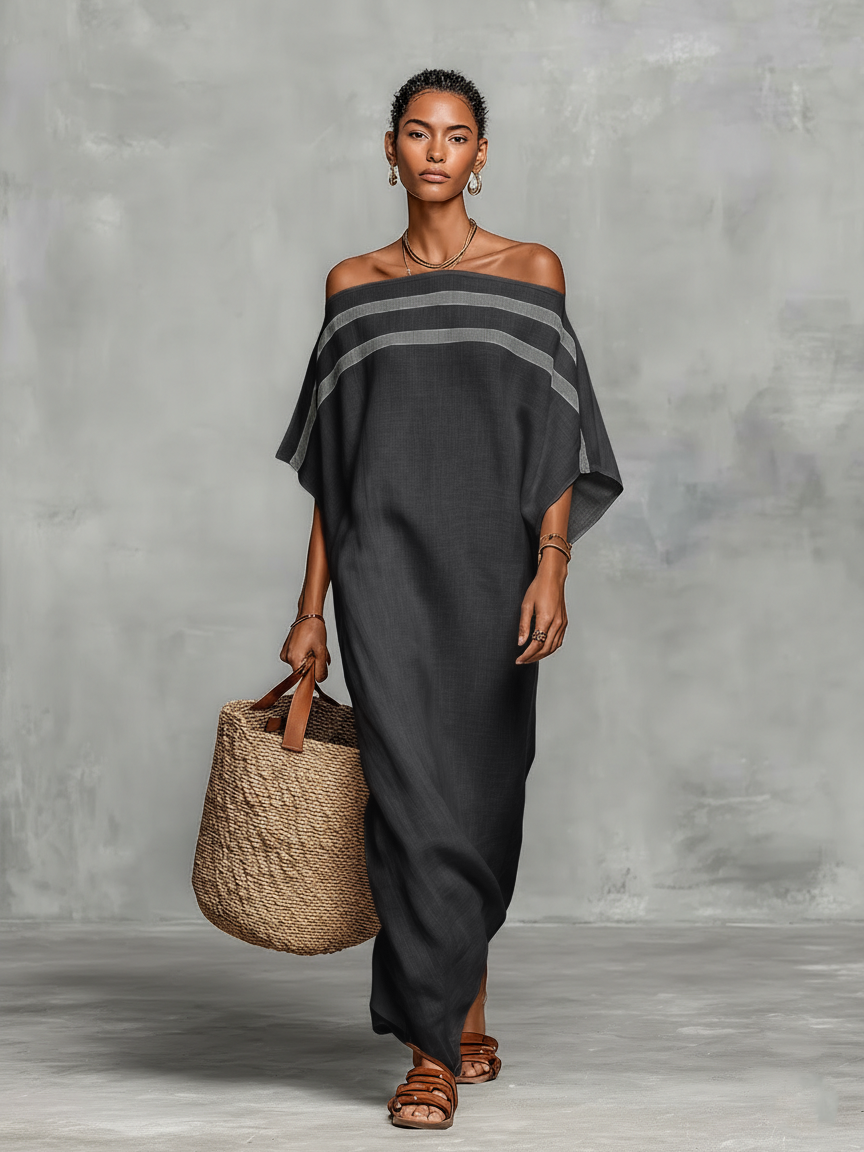 Kendall | Striped Off Shoulder Batwing Sleeve Linen Maxi Dress for Women