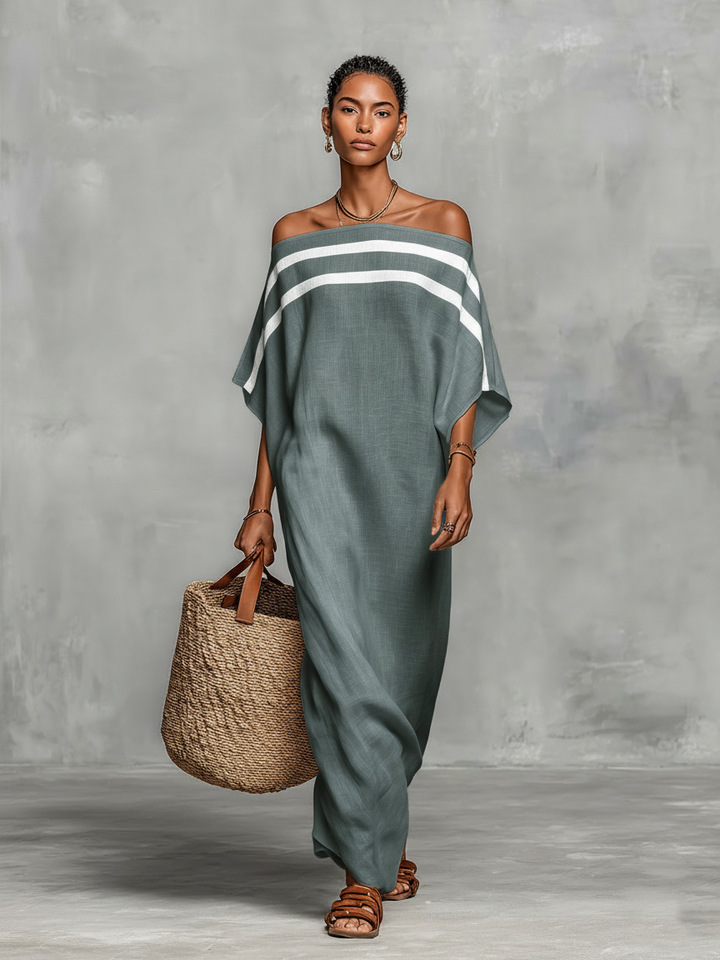 Kendall | Striped Off Shoulder Batwing Sleeve Linen Maxi Dress for Women