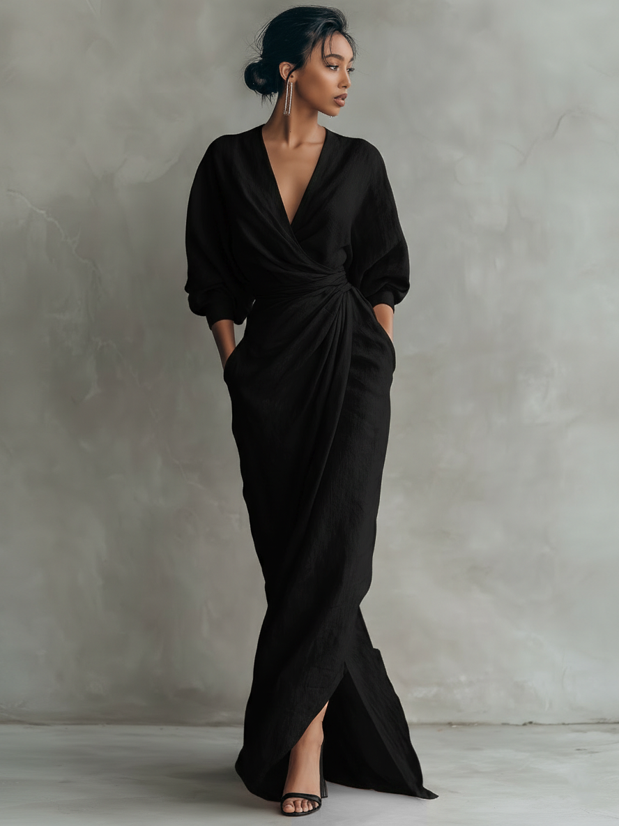 Victoria | Linen Wrap V Neck Twist Waist Midi Dress for Women
