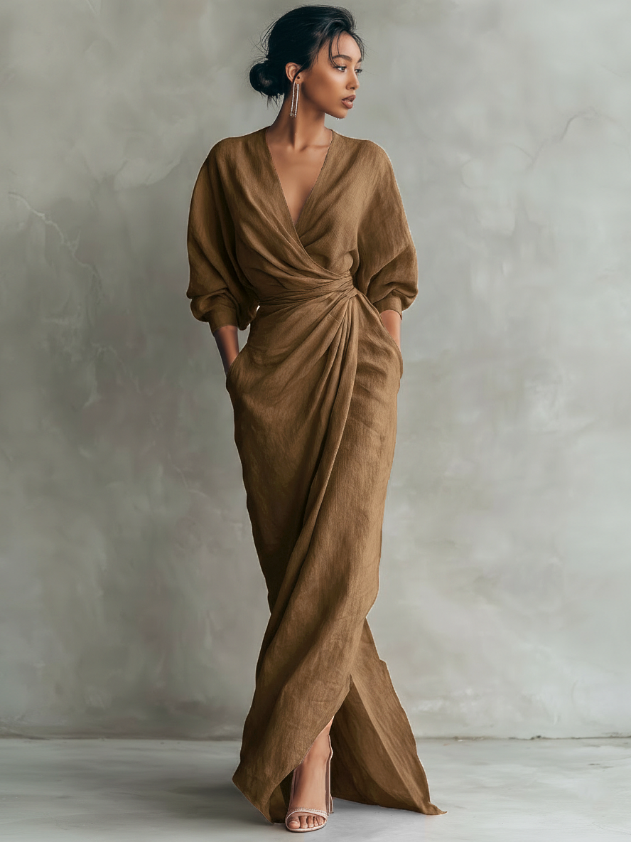 Victoria | Linen Wrap V Neck Twist Waist Midi Dress for Women