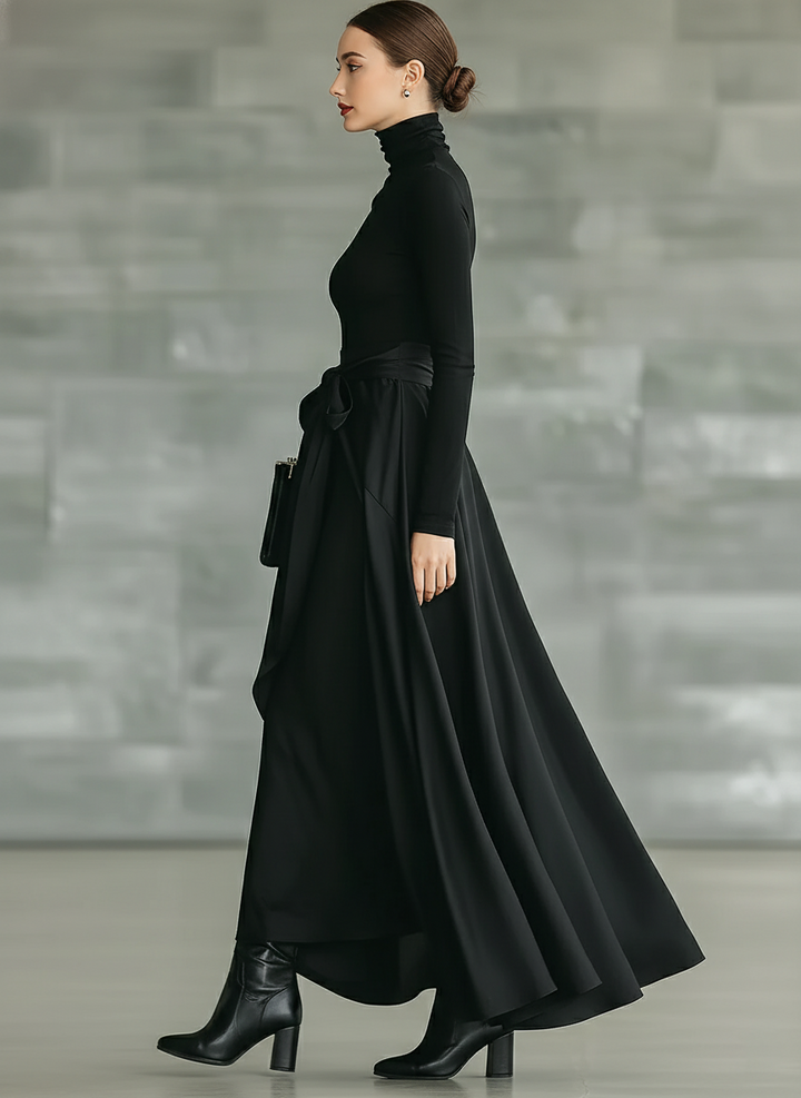 Vera | Black Turtleneck Bow Waist Satin Flared Maxi Dress