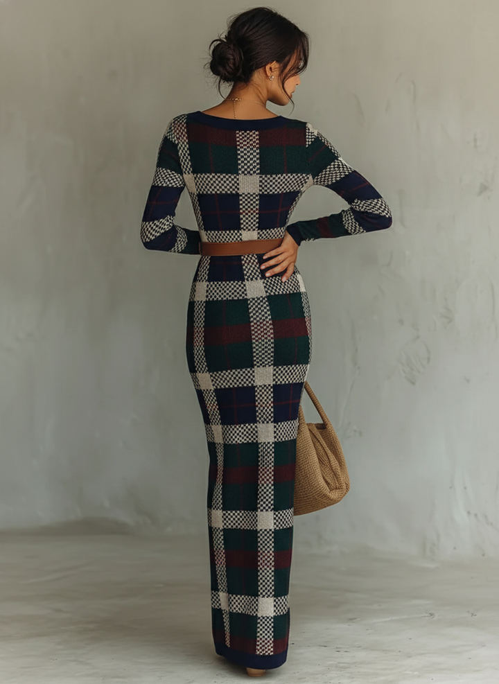 Dana | Plaid Knit Square Neck Belt Waist Fitted Maxi Dress