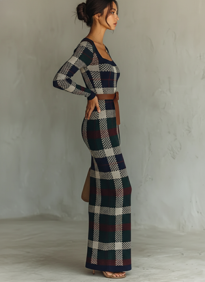 Dana | Plaid Knit Square Neck Belt Waist Fitted Maxi Dress