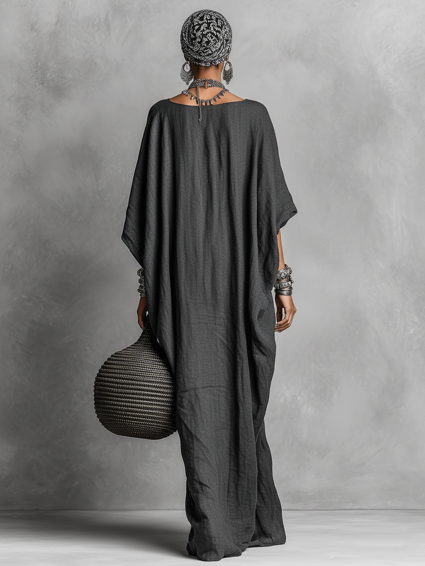 Sage | Gray Linen Batwing Sleeve Oversized Casual Maxi Dress