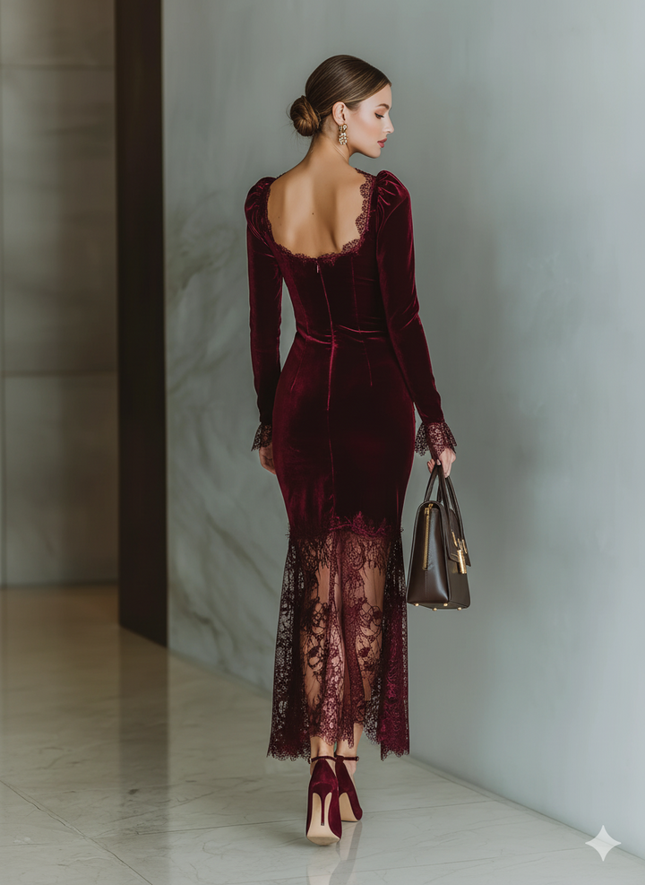 Scarlett | Velvet Square Neck Lace Trim Fitted Formal Maxi Dress