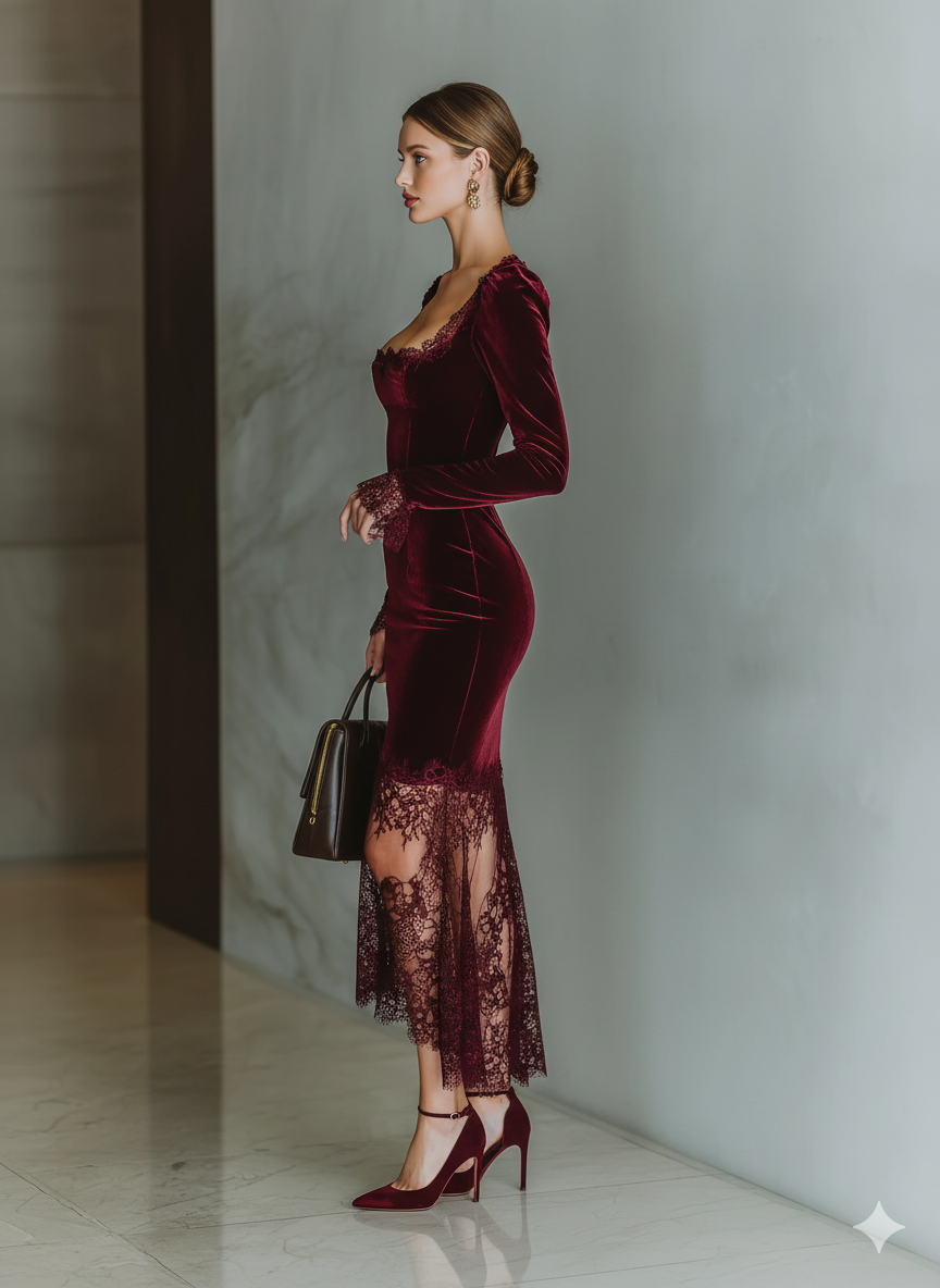Scarlett | Velvet Square Neck Lace Trim Fitted Formal Maxi Dress