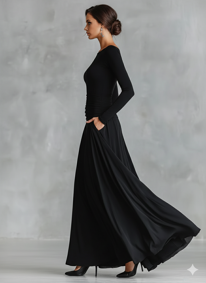 Naomi | Black Dress for Women Boat Neck Ruched Waist Long Sleeve Formal Maxi Style