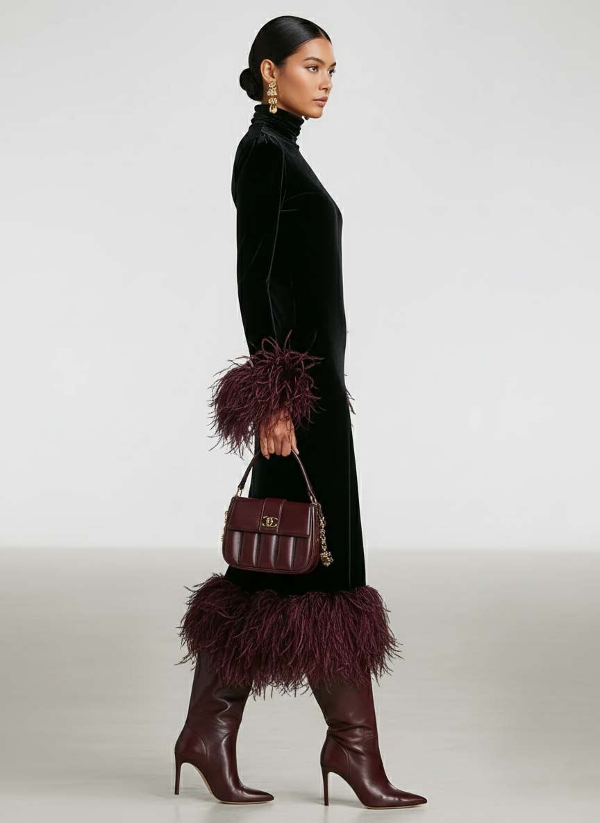 Roxanne | Black Velvet Turtleneck Feather Cuff Fitted Formal Maxi Dress