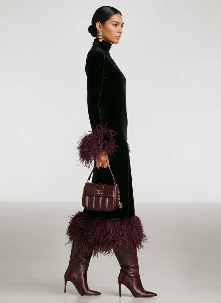 Roxanne | Black Velvet Turtleneck Feather Cuff Fitted Formal Maxi Dress