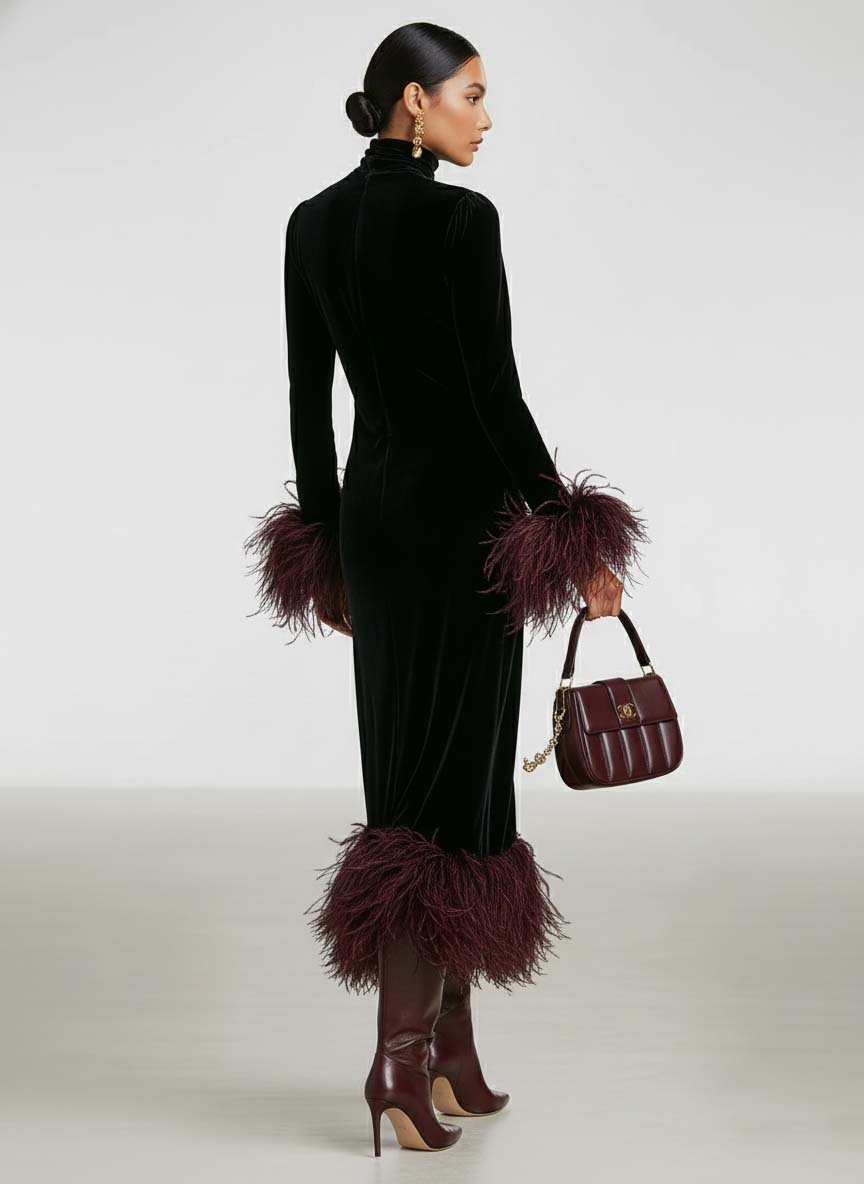 Roxanne | Black Velvet Turtleneck Feather Cuff Fitted Formal Maxi Dress