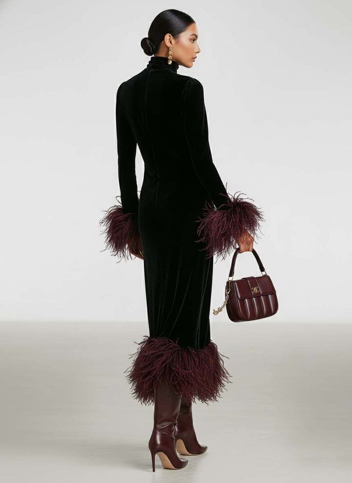 Roxanne | Black Velvet Turtleneck Feather Cuff Fitted Formal Maxi Dress