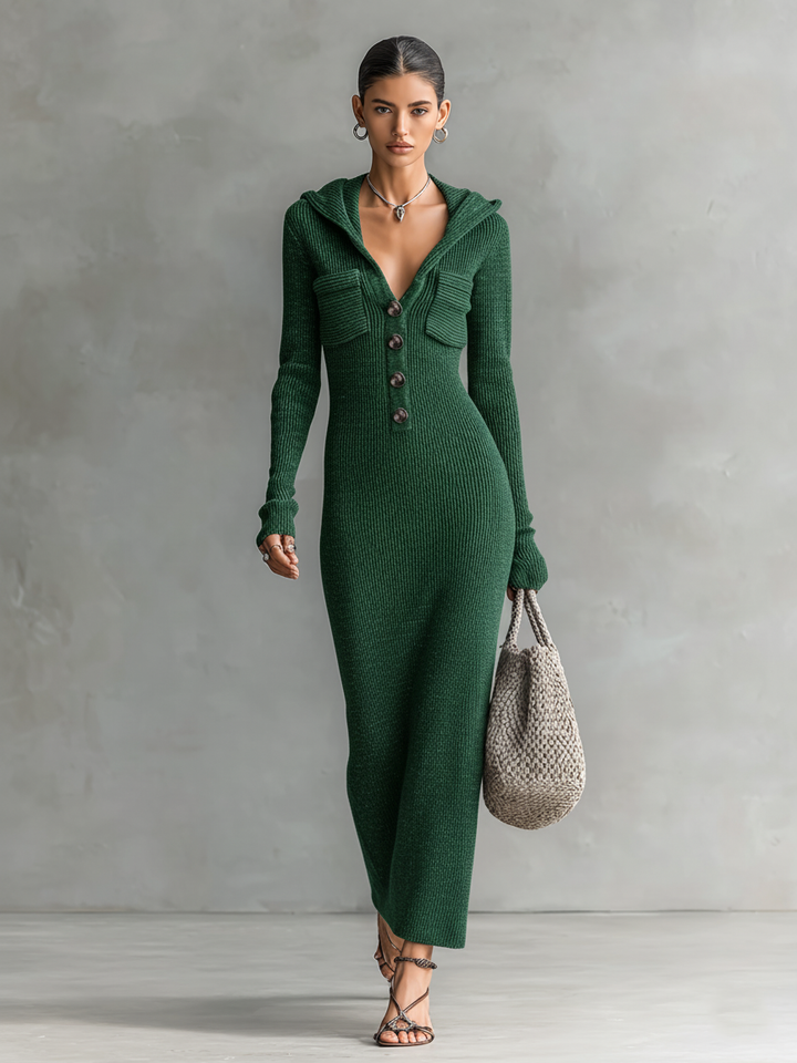 Sloane | Hooded Ribbed Knit Button Front Slim Fit Maxi Dress for Women