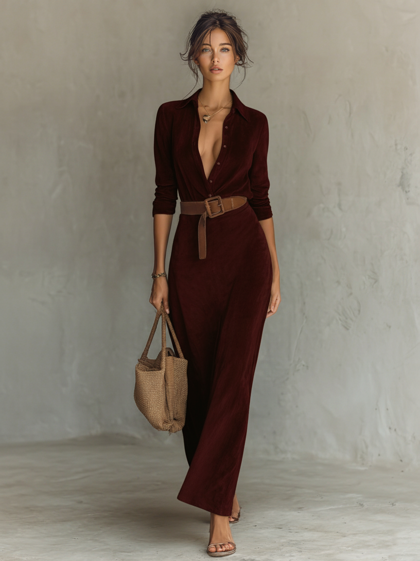 Savannah | Suede Lapel Collar Belt Waist Long Sleeve Fitted Maxi Dress for Women