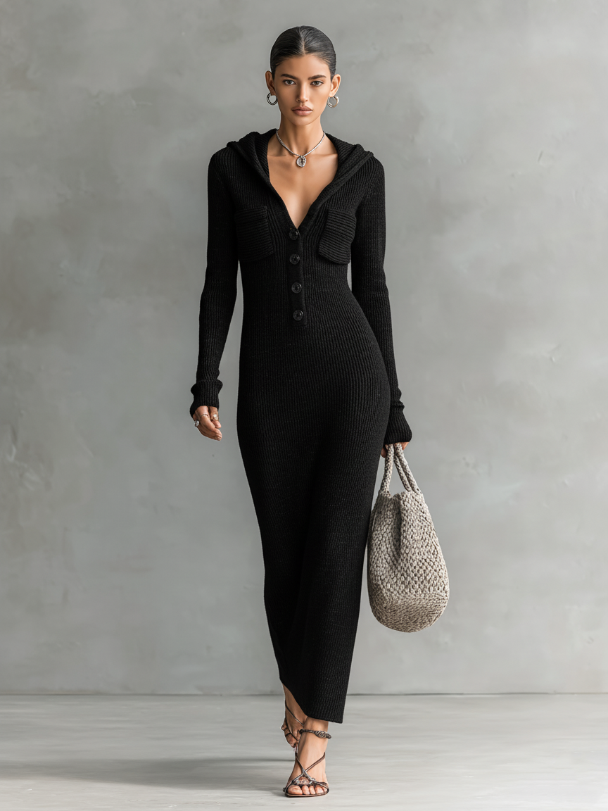 Sloane | Hooded Ribbed Knit Button Front Slim Fit Maxi Dress for Women