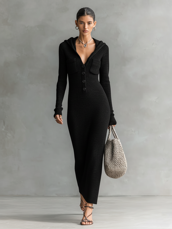 Sloane | Hooded Ribbed Knit Button Front Slim Fit Maxi Dress for Women