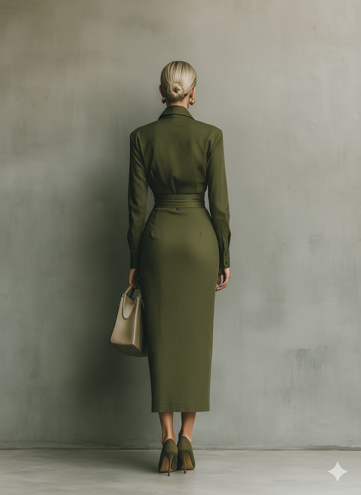 Ivy | Green Fitted Lapel Ruched Waist Maxi Dress