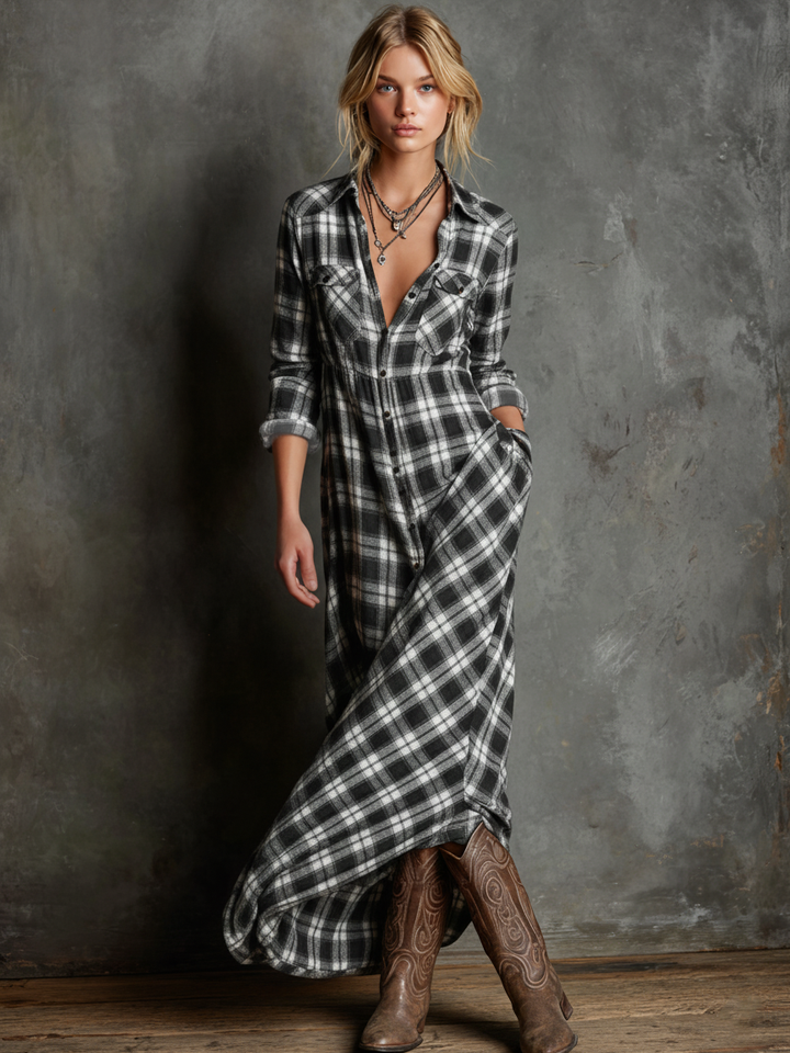 Wren | Plaid Flannel Button Front Long Sleeve Shirt Maxi Dress
