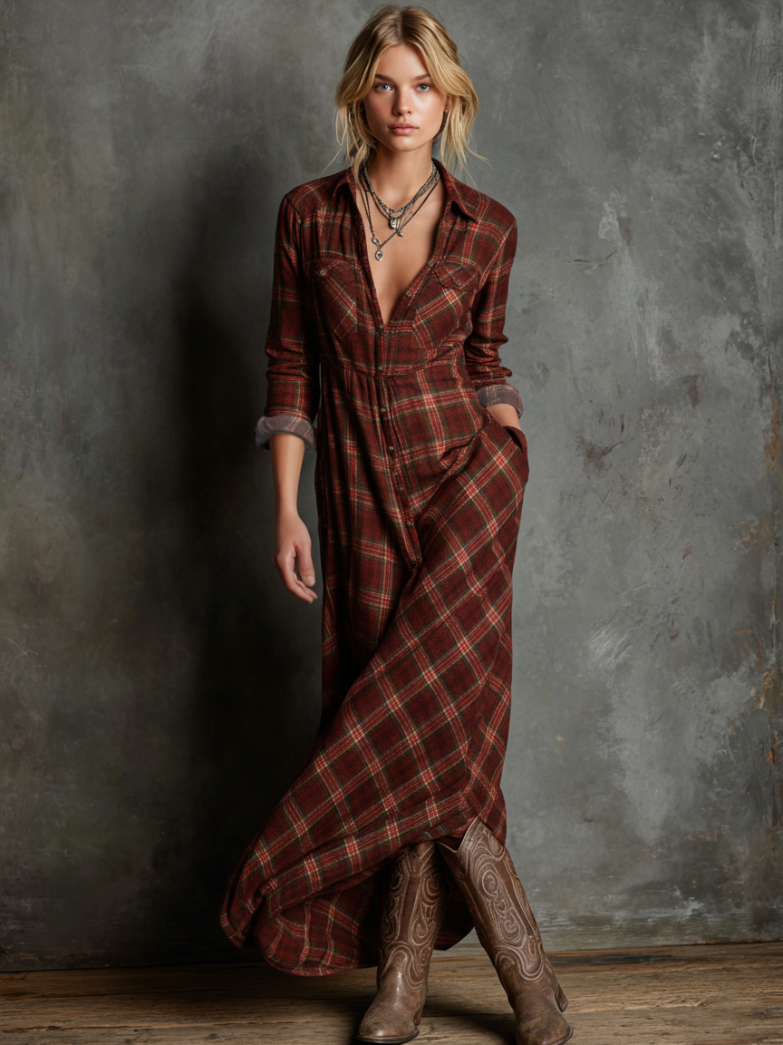 Wren | Plaid Flannel Button Front Long Sleeve Shirt Maxi Dress