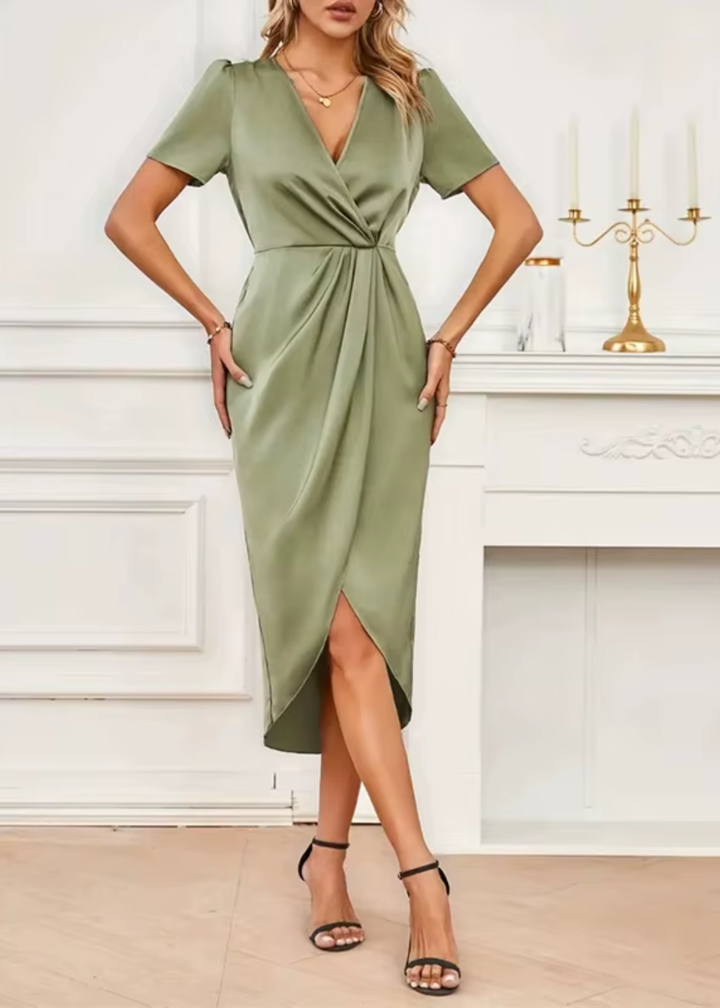Elegant Satin Wrap Midi Dress for Women with V-Neck Short Sleeve Ruched Waist Formal Wedding Guest Style