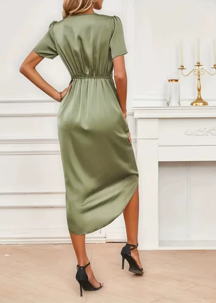 Elegant Satin Wrap Midi Dress for Women with V-Neck Short Sleeve Ruched Waist Formal Wedding Guest Style