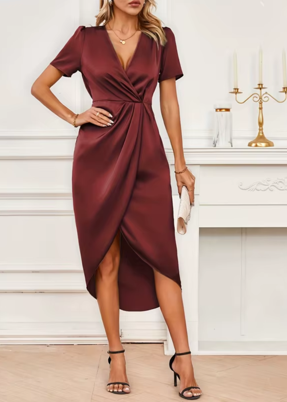 Elegant Satin Wrap Midi Dress for Women with V-Neck Short Sleeve Ruched Waist Formal Wedding Guest Style