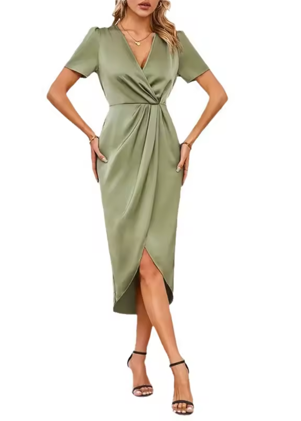 Elegant Satin Wrap Midi Dress for Women with V-Neck Short Sleeve Ruched Waist Formal Wedding Guest Style