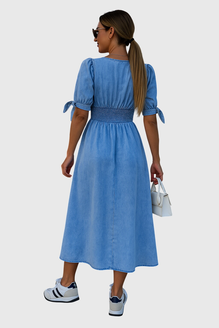 Maya | Denim V Neck Puff Tie Sleeve Button Front Maxi Dress