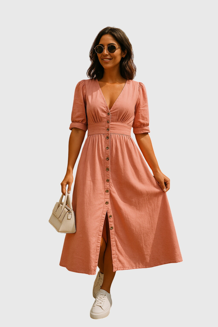 Maya | Denim V Neck Puff Tie Sleeve Button Front Maxi Dress