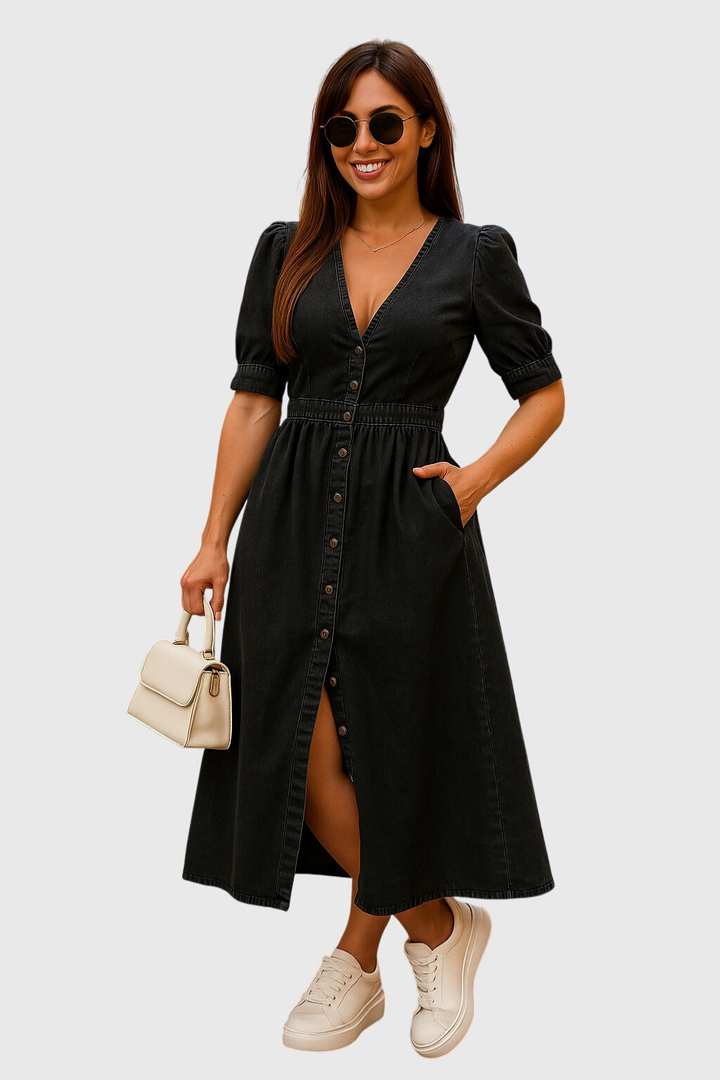 Maya | Denim V Neck Puff Tie Sleeve Button Front Maxi Dress