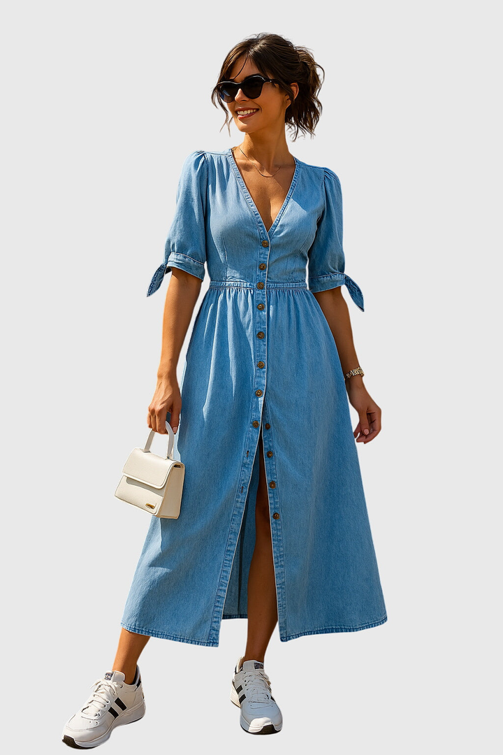 Maya | Denim V Neck Puff Tie Sleeve Button Front Maxi Dress