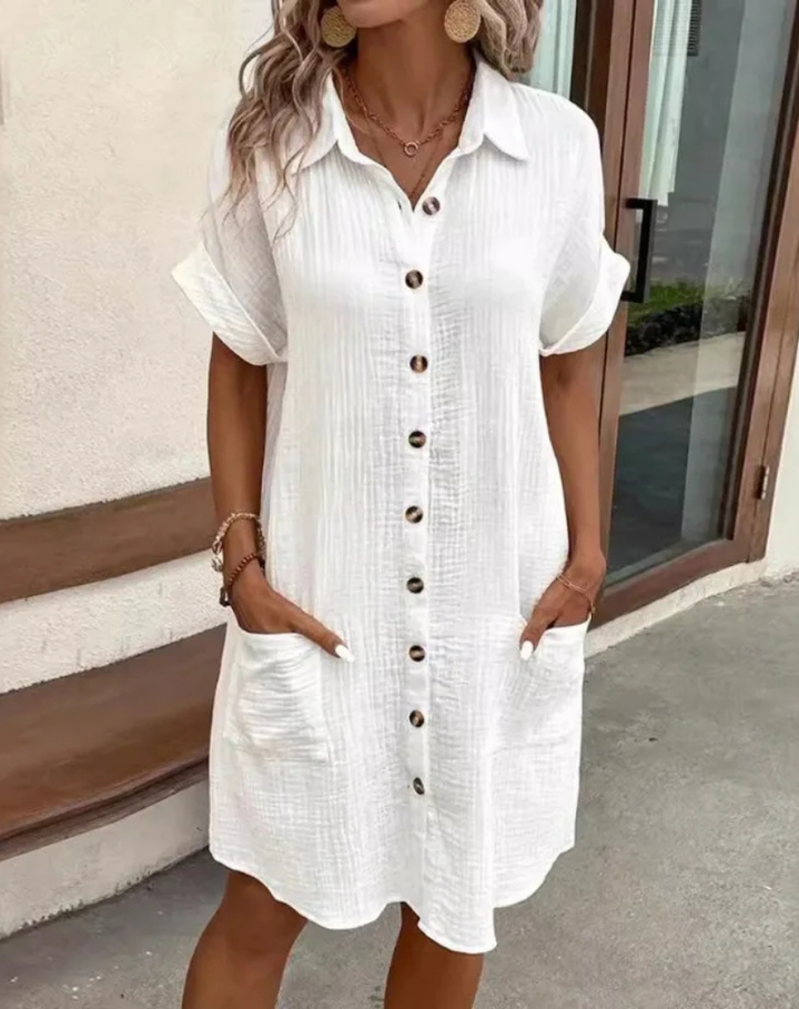 Gabrielle | Cotton Collared Button Down Short Sleeve Shirt Dress