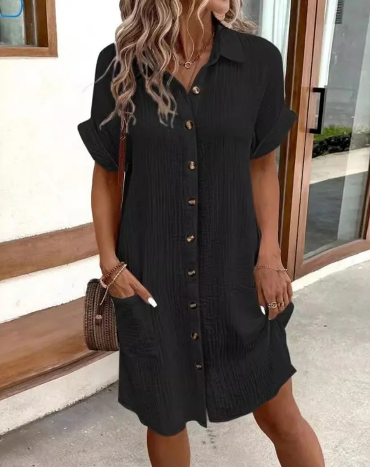 Gabrielle | Cotton Collared Button Down Short Sleeve Shirt Dress