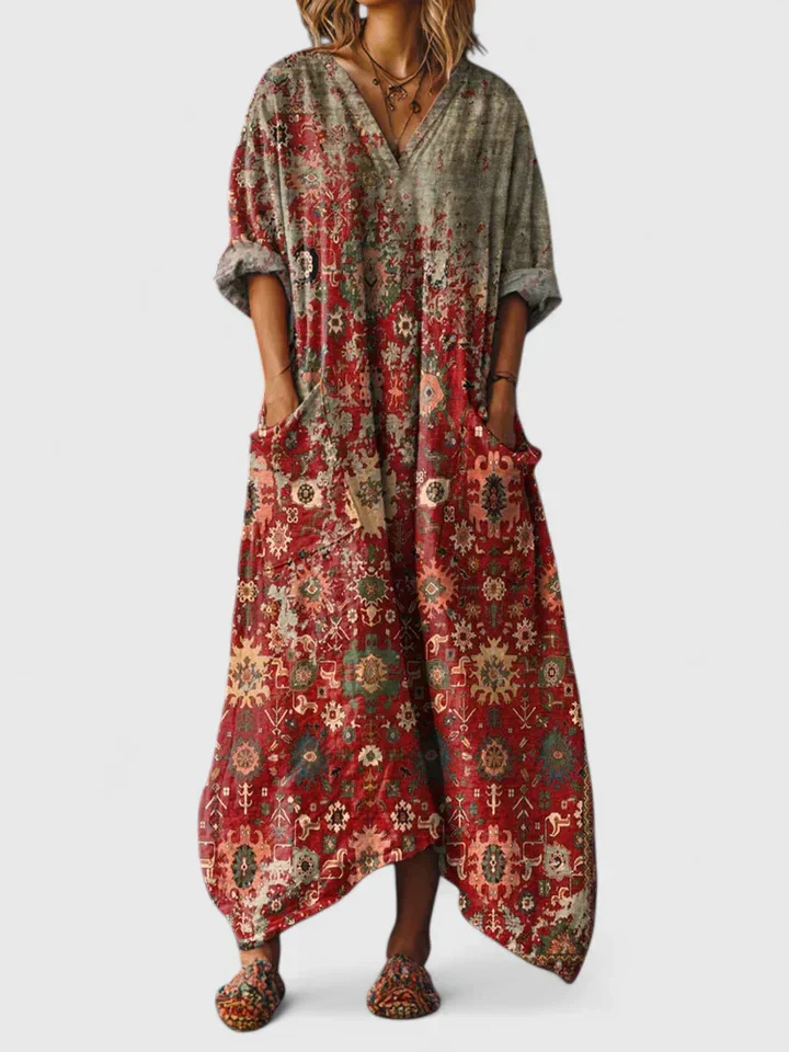 Nadia | Cotton Printed V Neck Front Pocket Elbow Sleeve Maxi Dress