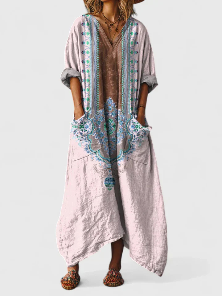 Nadia | Cotton Printed V Neck Front Pocket Elbow Sleeve Maxi Dress