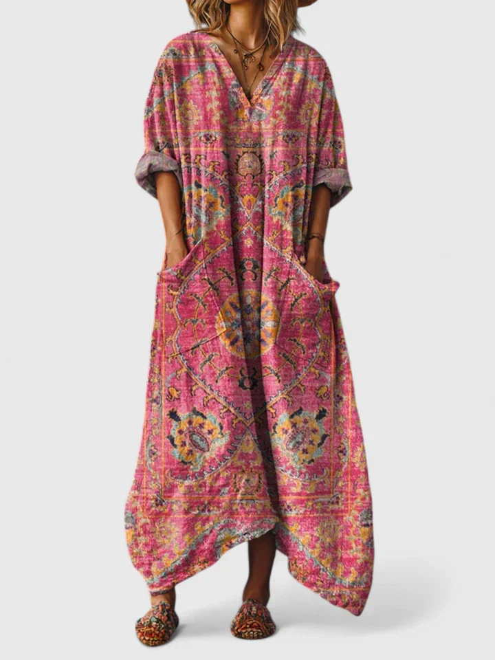 Nadia | Cotton Printed V Neck Front Pocket Elbow Sleeve Maxi Dress